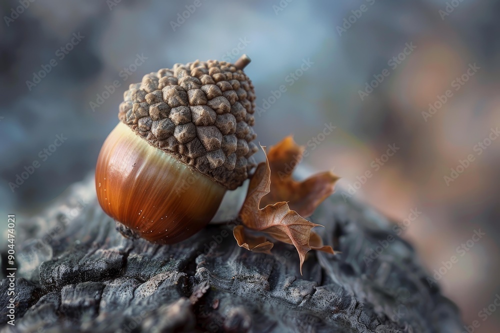Poster acorn lying on its side on a tree trunk with a dry leaf, in the forest