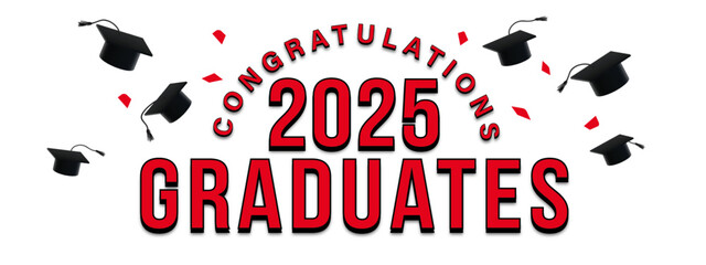 White Background - red and black festive graduation announcement for the class of 2025 featuring Congratulations text, graduation caps, and confetti. Ideal for celebrating graduates, and invitations.