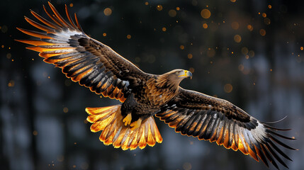 Obraz premium A majestic eagle soaring through the sky, its powerful wings illuminated by the warm, golden sunlight, creating a stunning and dynamic scene against a dark background.