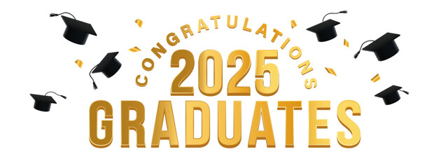 White Background - gold festive graduation announcement for the class of 2025 featuring Congratulations text, graduation caps, and confetti. Ideal for celebrating graduates, and invitations.