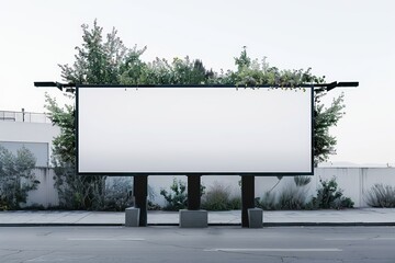 Obraz premium This image captures an overgrown blank billboard surrounded by lush greenery and plants, blending man-made structures with nature to create a harmonious and unique visual representation.