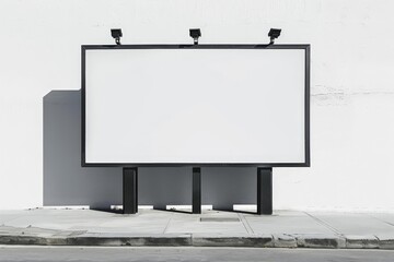 Obraz premium This image depicts a rectangular blank billboard against a wall with spotlights above it, highlighting its potential for advertising in a clear and focused manner.