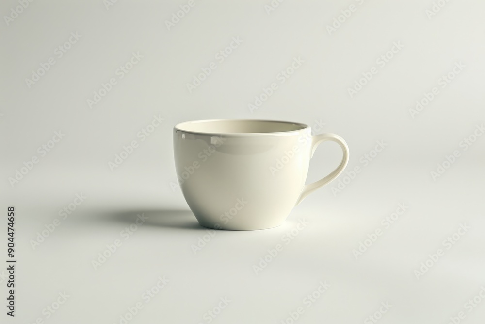Aufkleber an ivory ceramic cup shown in a side view, completely empty against a neutral backdrop, highlighting