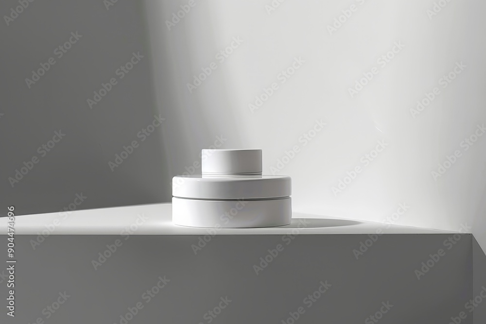 Poster The image consists of stacked minimalist white plastic jars on a solid white base. The setup is brilliantly illuminated, highlighting the jars' simplicity and modern design.