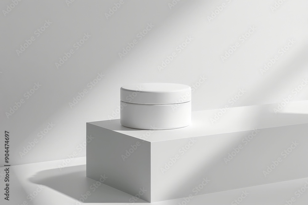 Fototapete a minimalist white round container placed elegantly on a raised display block, casting soft shadows 