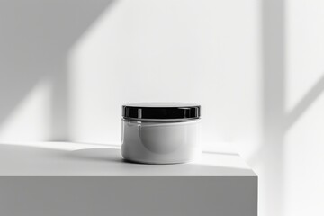 The image depicts a clean white jar with a contrasting dark lid placed on a pedestal. The scene is well-lit, emphasizing the jar's sleek and modern design elements.