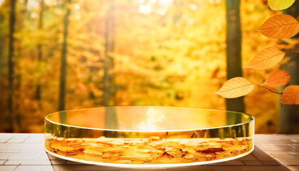Autumn Background with Glass Podium for Product Display