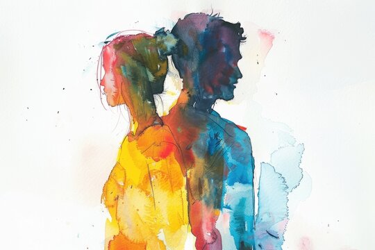 Naklejki A romantic couple depicted in a watercolor painting, perfect for use in love story illustrations or relationship-themed art