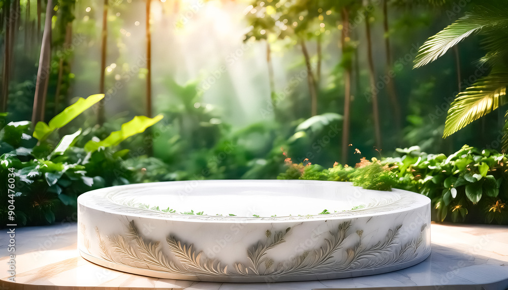 Poster White Marble Pedestal in a Lush Tropical Garden