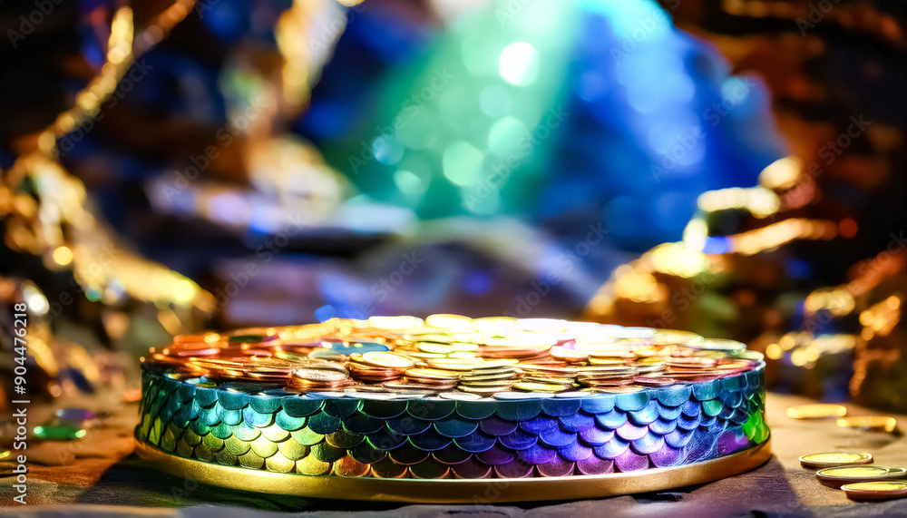 Poster iridescent coin stack with bokeh background