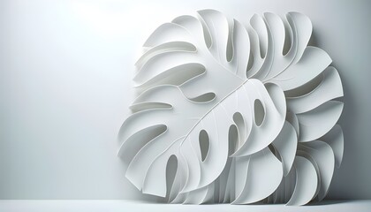 Abstract white background with 3D Monstera leaves. Smooth lines form surfaces of light and shadow