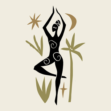 recommend clip art: Divine feminine woman tropical ethnic yoga asana illustration. Boho magic jungle summer girl sport groovy vibe chill concept. Mystical new age wellness holistic flat art. Silhouette abstract cartoon