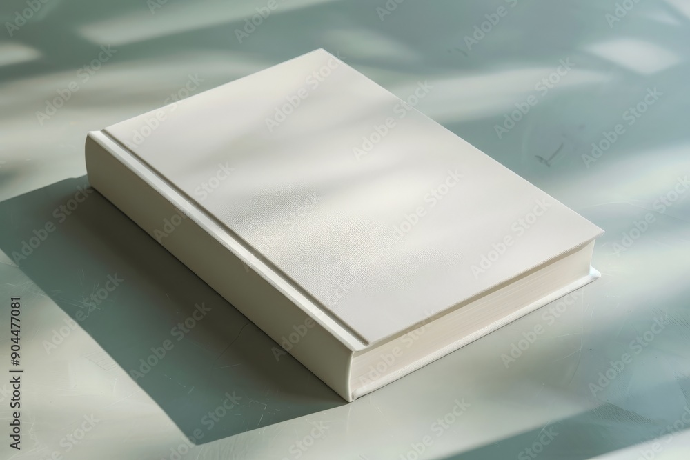 Poster a white book is lying on a light blue table, bathed in soft, natural light, casting delicate shadows