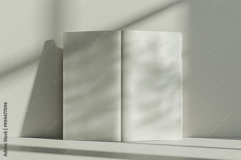 Poster an open book displays its blank pages, bathed in soft natural light. the scene shows shadows and pro