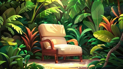Armchair in Tropical Jungle, Digital Illustration, Lush Greenery, Sunlight, Relaxation, tropical, jungle