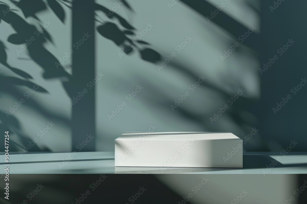 Poster a white box is seen on a gray table with artistic shadows cast by plants. the interplay of light and