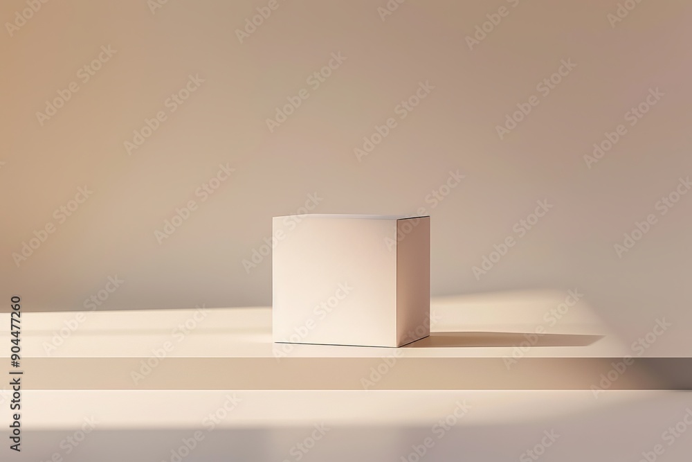 Poster a minimalist image featuring a white cube placed on a light-colored platform, casting a distinct sha