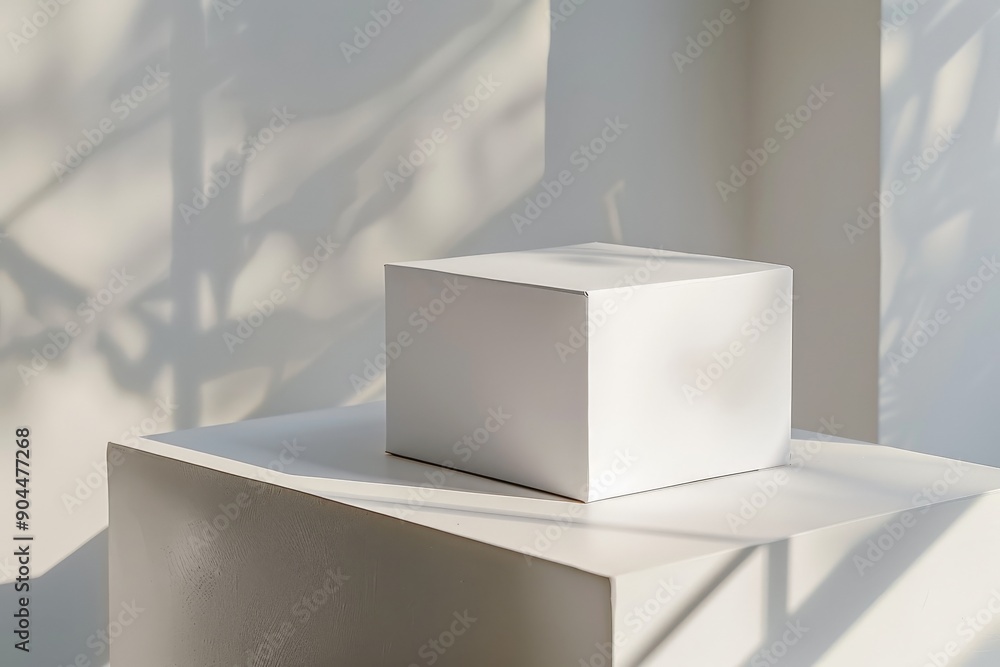Aufkleber a white cube positioned on a monochromatic square base displays intriguing shadow play, with intrica