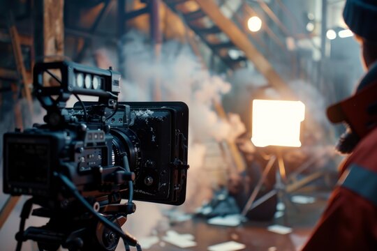 Professional videographer is recording movie scene with professional camera on set