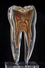 A tooth is shown in a glass case with its roots visible. Concept of curiosity and fascination with the inner workings of the human body