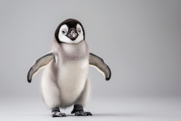 Obraz premium Full shot of baby chick emperor penguin aptenodytes forsteri in studio on gray background