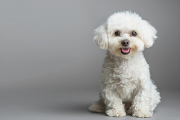 Full shot of white bichon frise dog looking at camera on gray studio background