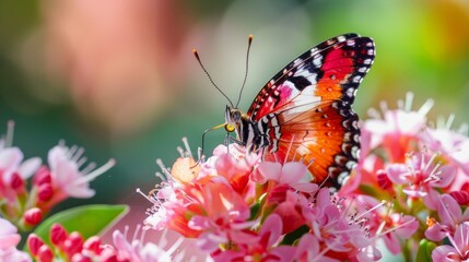 Butterfly resting on vibrant pink flowers in a sunny garden