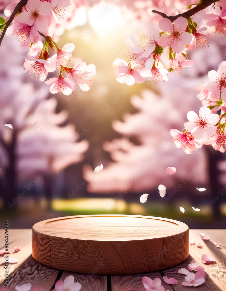 Poster Wooden Podium in a Field of Cherry Blossoms