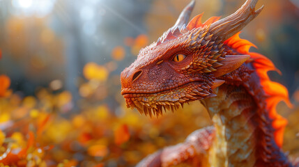 A majestically detailed red dragon with orange eyes and fiery scales, amid autumn foliage with sunrays peeking through.