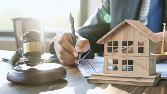 Male judge sitting at desk with gavel and small wooden toy house, working with documents, signing contract agreements. Real estate law, divorce property, house foreclosure and bankruptcy concept