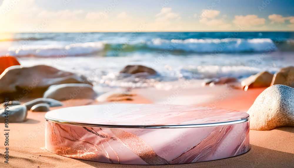 Sticker Marble Podium on Sandy Beach with Ocean Background