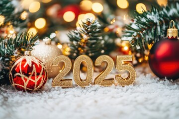 Decorative 2025 Display Amidst Christmas Ornaments and Twinkling Lights. Generative AI