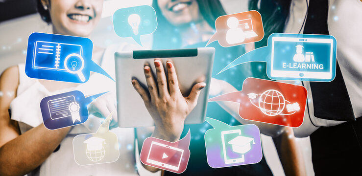 E-learning and Online Education for Student and University Concept. Graphic interface showing technology of digital training course for people to do remote learning from anywhere. uds