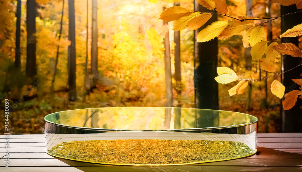 Aufkleber glass display platform with autumn forest background