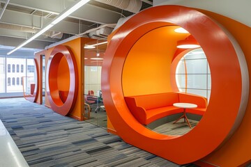 Modern office interior design featuring unique round orange meeting pods, creating a vibrant and collaborative workspace
