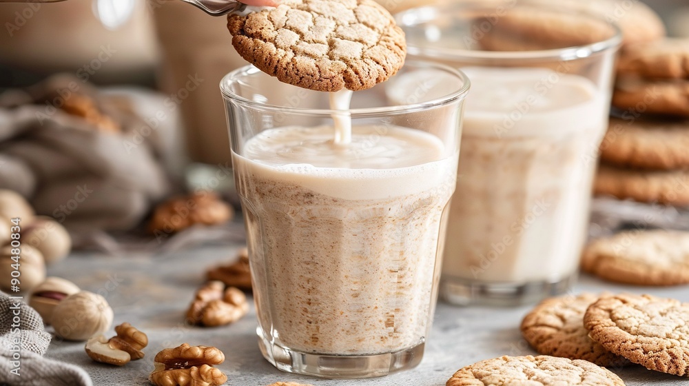 Poster a person scooping a cookie into a glass of milk with a cookie on the side and multiple cookies in th