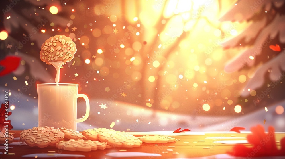 Poster a painting depicts a cup of coffee with a cookie on the table next to it and another cookie on the t