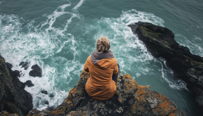 A woman with blonde hair sits alone on a rocky cliff edge, overlooking the turbulent ocean waves. She is wearing an orange jacket, creating a striking contrast with the dark, rugged coastline.