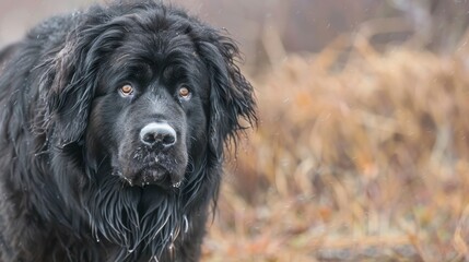 Black dog runs joyfully through autumn grass on a cloudy day in the countryside
