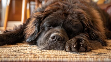 Fototapeta premium Large brown dog sleeps peacefully on a cozy rug in a warm and inviting home environment during the afternoon hours