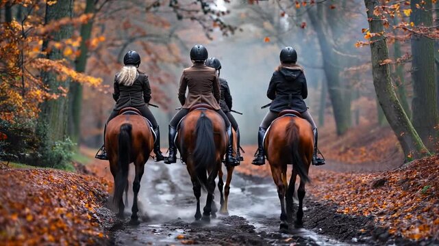 Autumn Trail Ride With Friends in a Picturesque Forest at Dusk. Four horseback riders enjoy a serene autumn trail ride through a forest filled with fallen leaves.