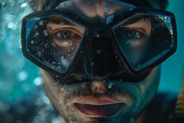 A person is diving underwater wearing diving gear, surrounded by clear turquoise waters and bubbles, emphasizing the beauty of underwater exploration and adventure.
