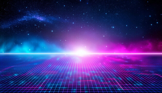 Synthwave vaporwave retrowave cyber background with copy space, laser grid, starry sky, blue and purple glows with smoke and particles