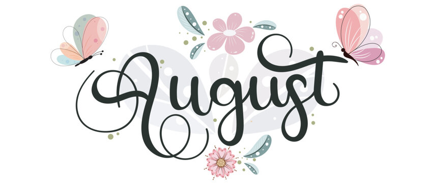 Hello August on ornaments. Hello AUGUST month vector with flowers, butterfly and leaves. Decoration floral. Illustration month August	
