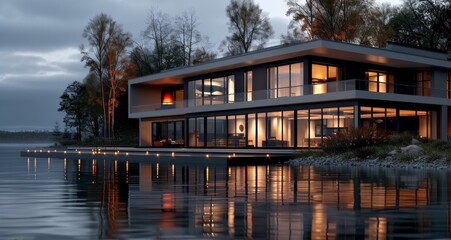 Fototapeta premium Modern Lakeside House at Dusk With Illuminated Windows and Reflected Light
