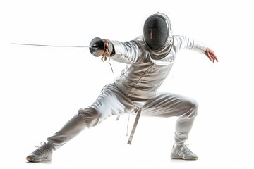 A fencer shows off a powerful, dynamic pose with a foil sword in full fencing attire, against a plain white background capturing the intensity and grace of the sport.