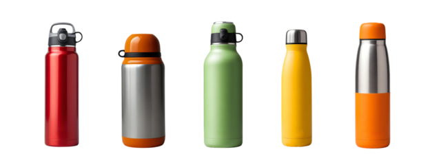 set of vacuum thermos bottles isolated on transparent background, cut out