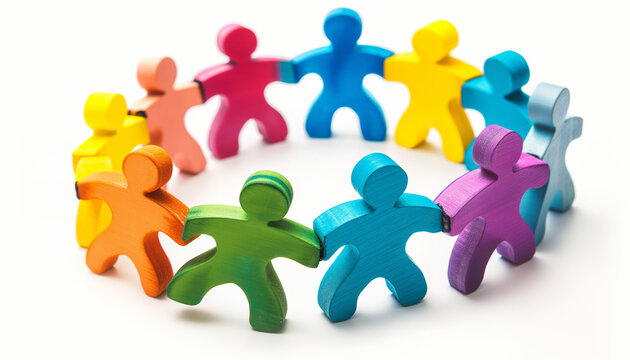 Diverse group of colorful human-shaped figures holding hands in a circle, symbolizing unity and community against a white background.