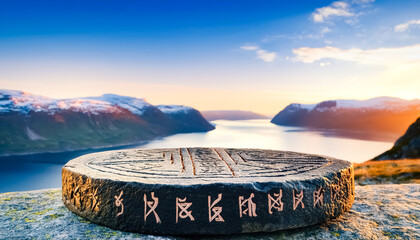 Naklejka premium Scenic View of a Fjord with a Stone Carving