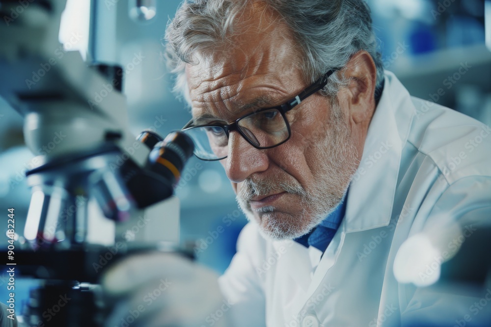 Leinwandbilder An image of a scientist deeply focused while examining a specimen using a microscope in a lab setting, highlighting the essence of scientific discovery and innovation.